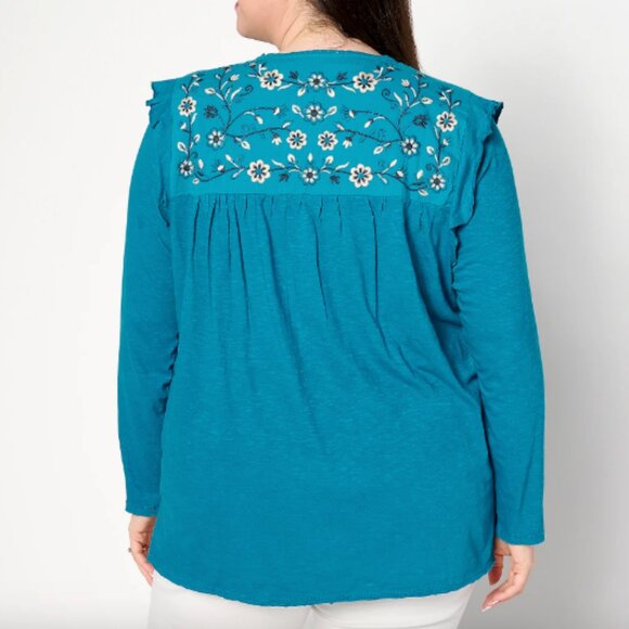 Denim & Co. Canyon Retreat Embroidered Split Neck Blouse , Teal Sz 1X a633559 - Picture 3 of 6